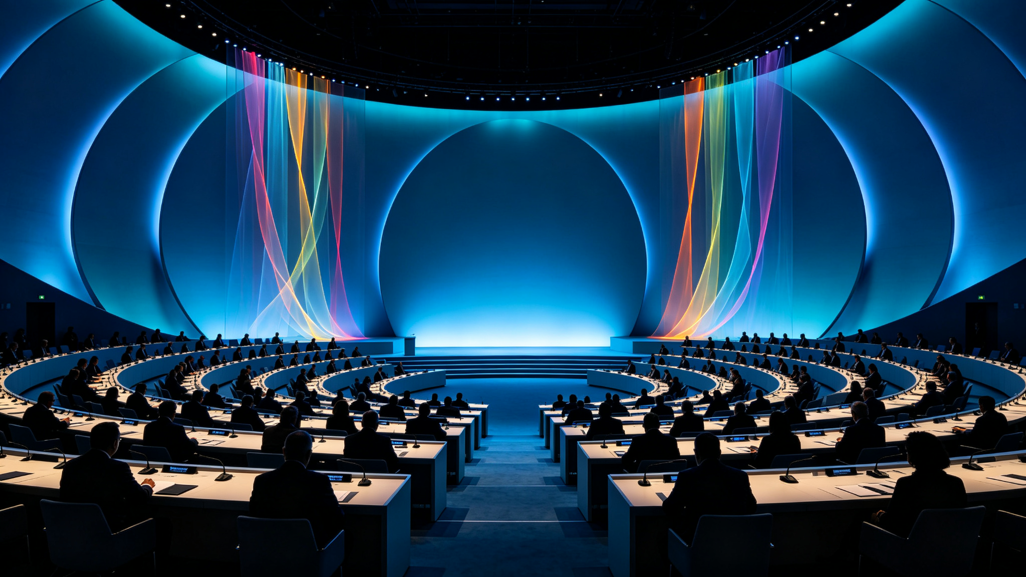 A grand international conference chamber lit in blue