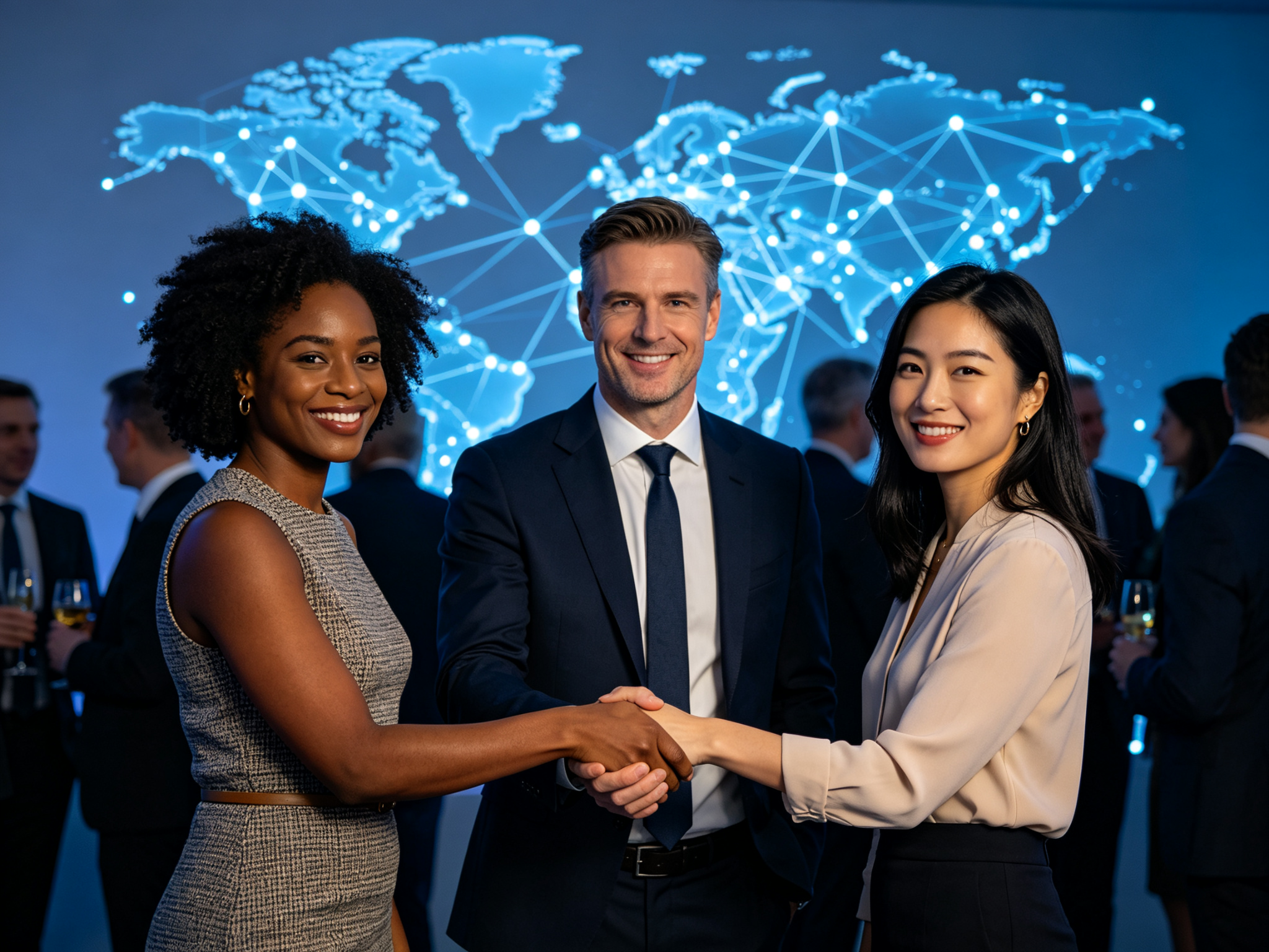 International partners greeting one another at a networking event