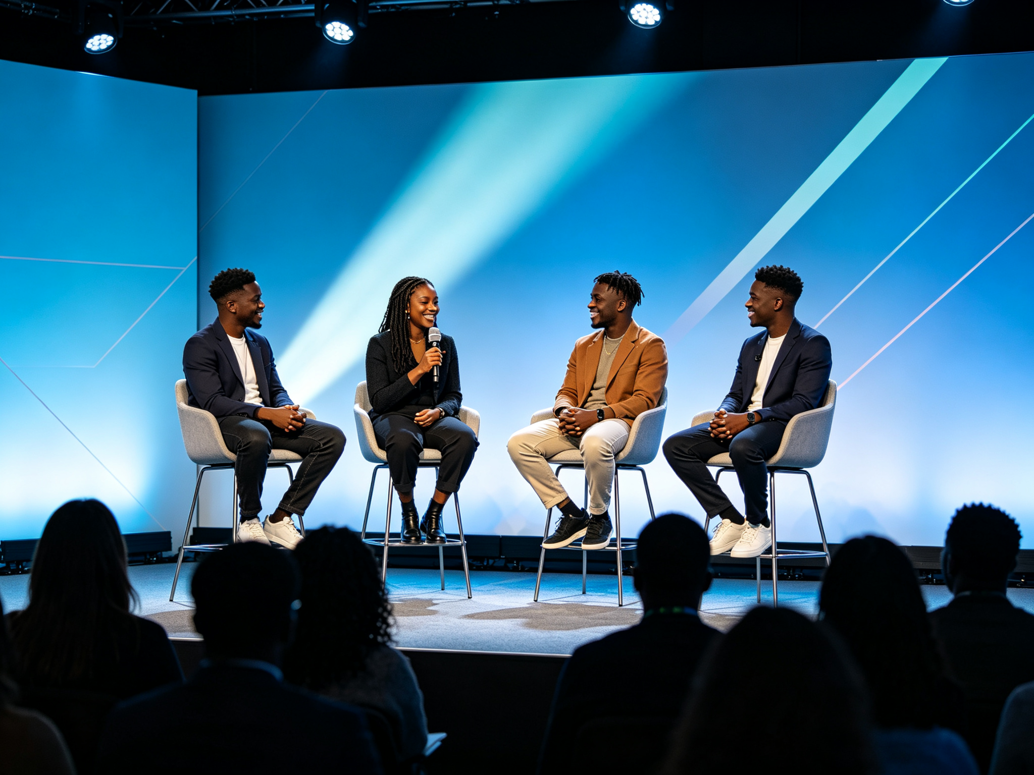 A panel of young speakers on a summit stage