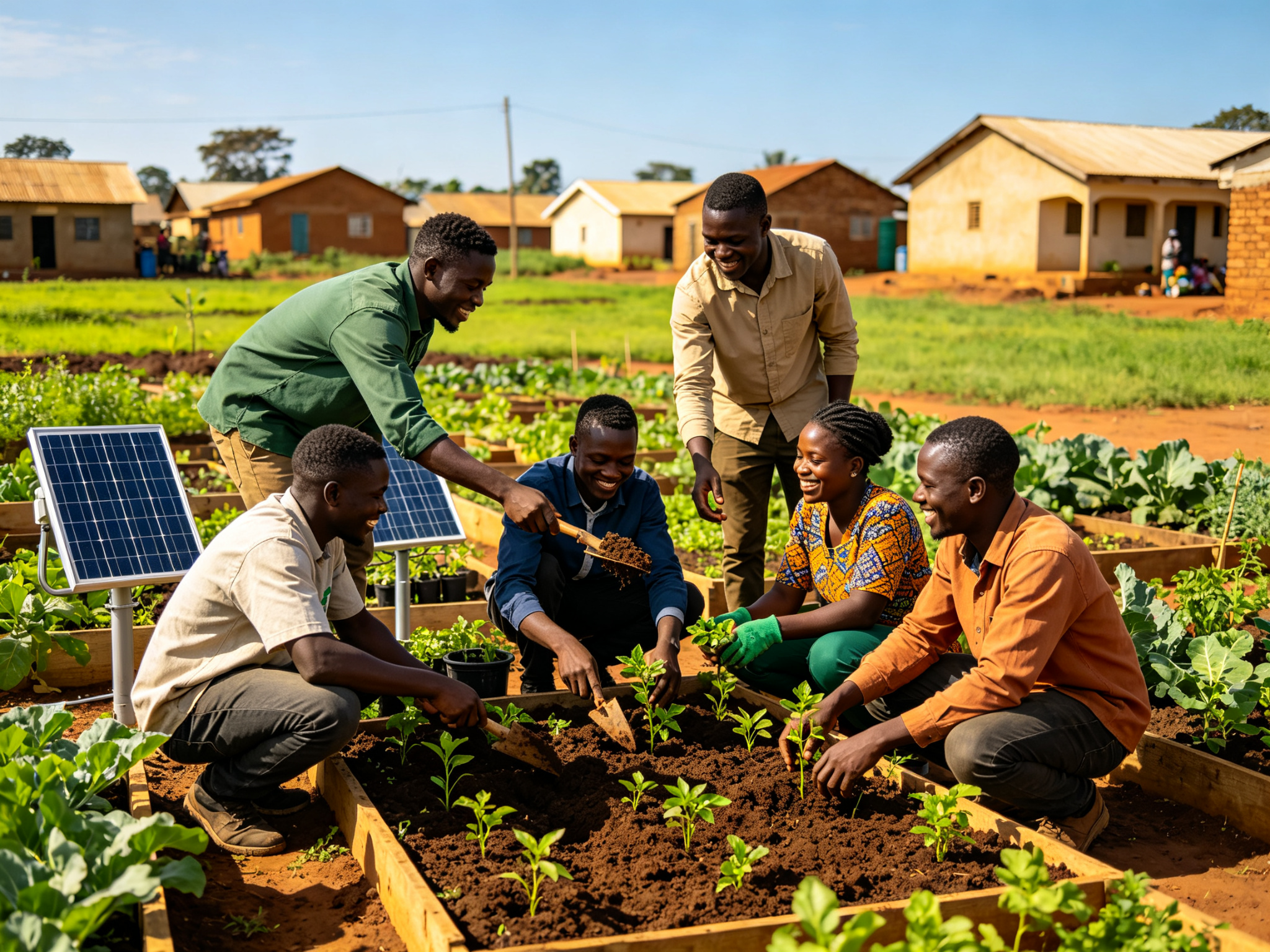 Young people and community members planting together