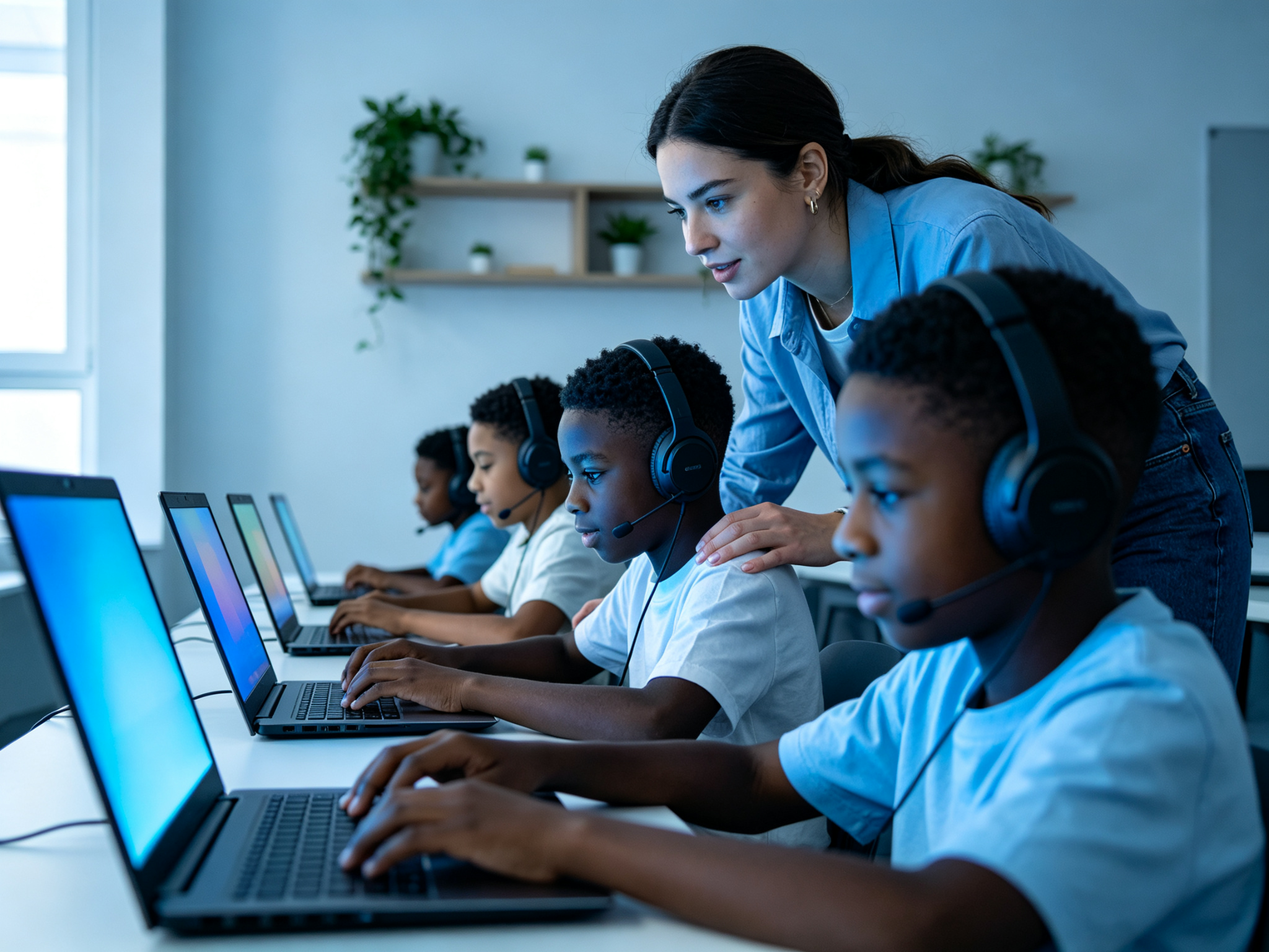 Students learning on laptops in a digital classroom