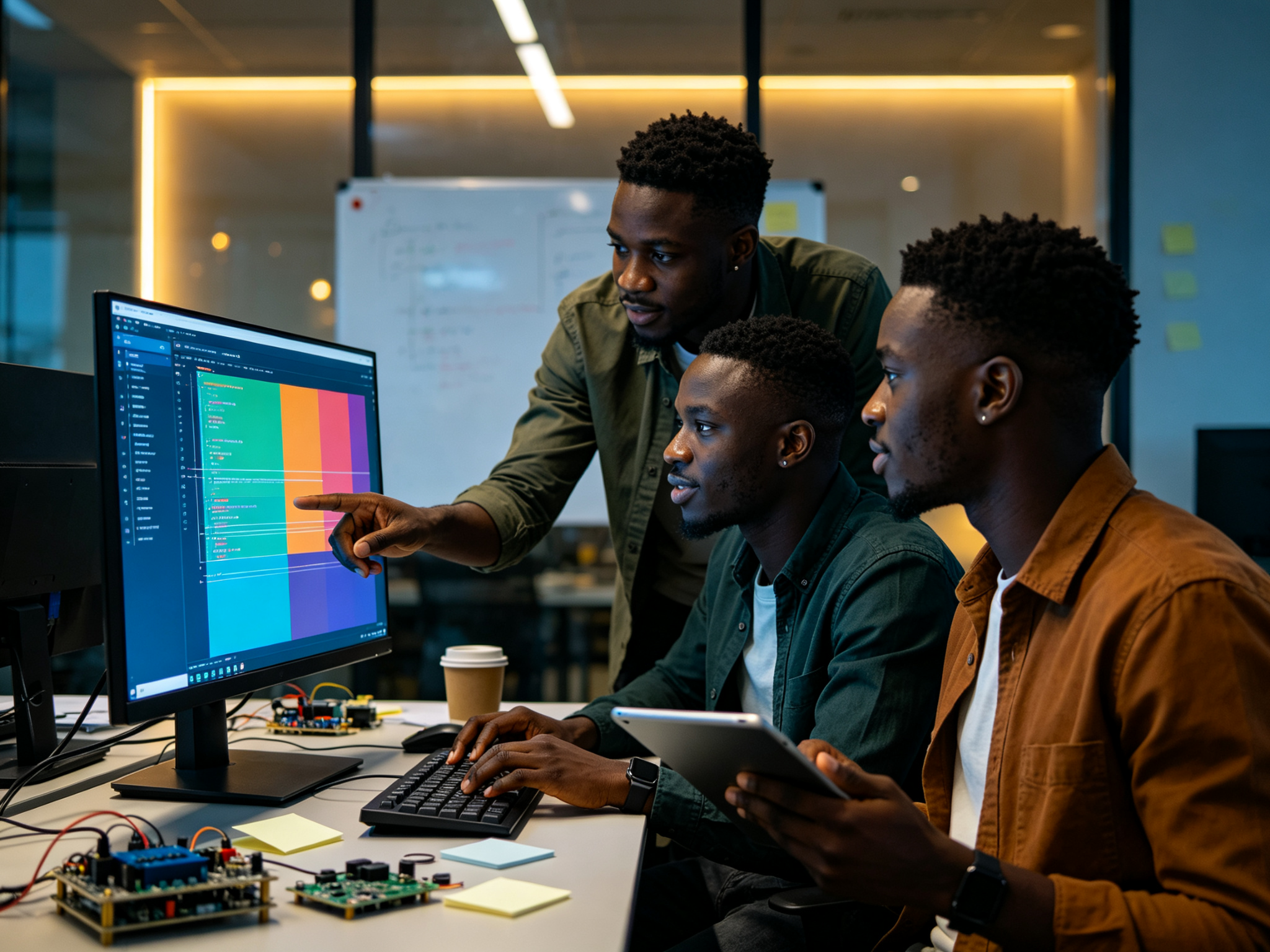 Young developers collaborating on software in a tech lab
